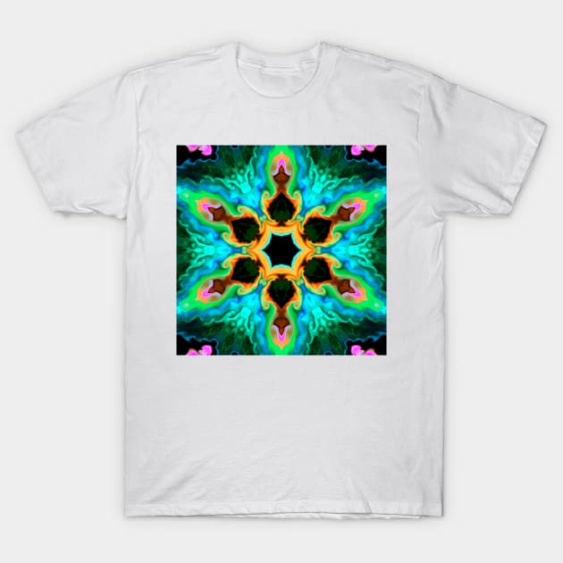 Psychedelic Hippie Teal Orange and Black T-Shirt by WormholeOrbital